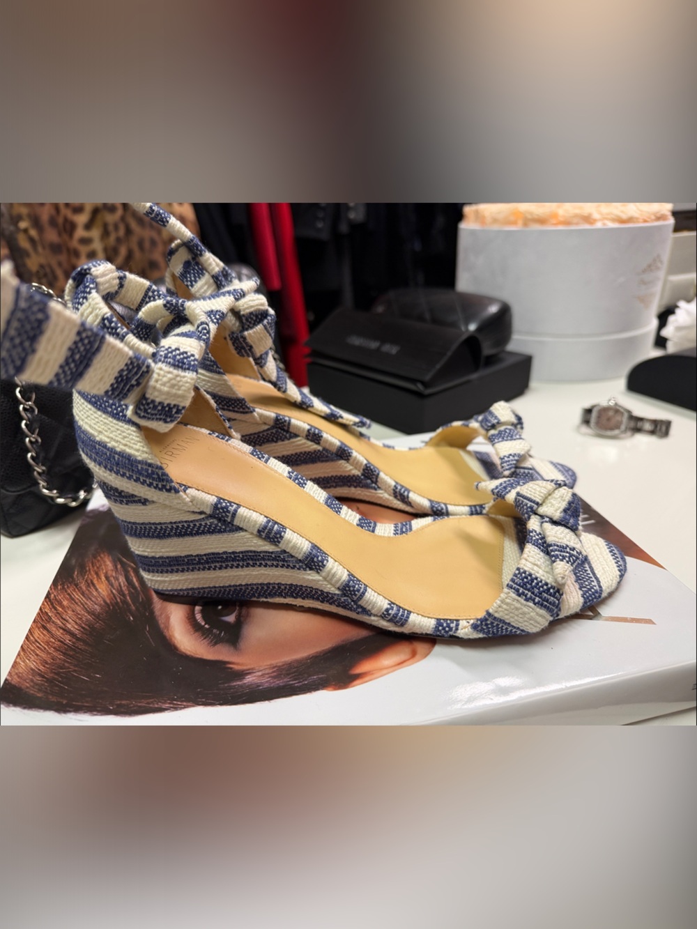Alexandre Birman Navy & White Striped Tie-Ankle Heels - Picture 2 of 4